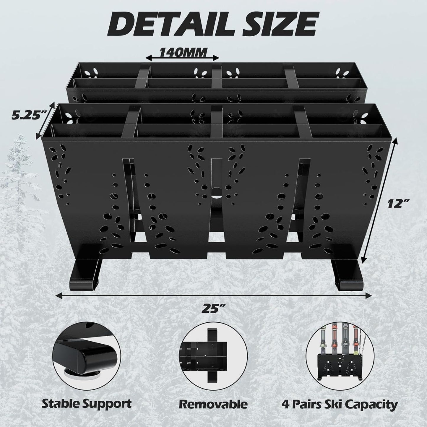 Heavy Duty Metal Ski Storage Rack, 8 Pair Freestanding Steel Ski Holder, Floor Stand Ski Organizer Rack