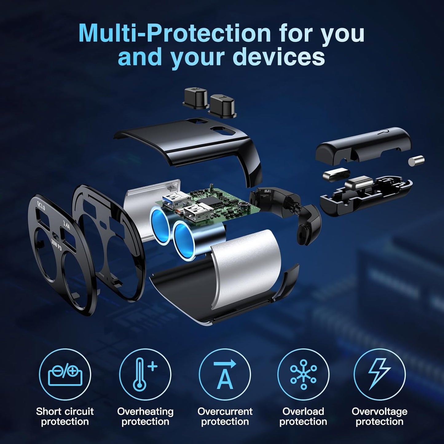 5 in 1 USB C Car Charger Adapter with 30W Type-C Cable, BUVAYE Fast Charge Cigarette Lighter Splitter 2-Socket, Dual Car Cigarette Lighter Adapter, 12V/24V Splitter for Car GPS Dash Cam Phone (CL48TC)