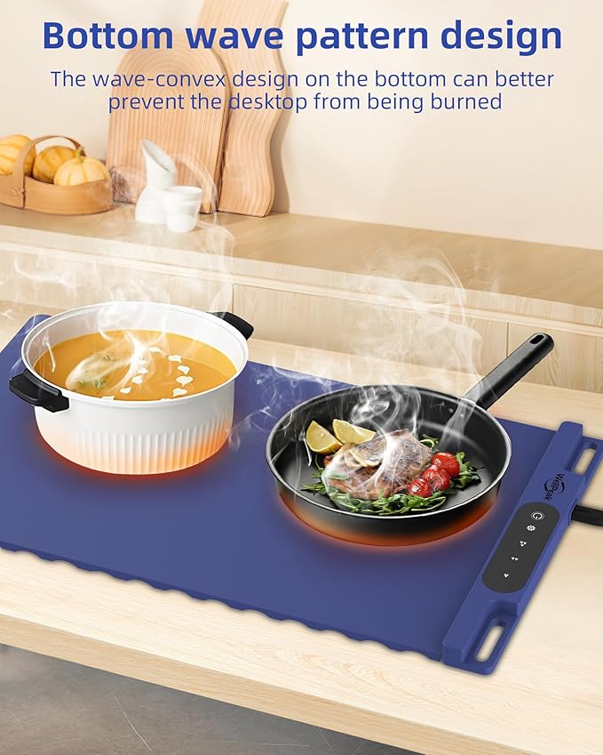 Electric Warming Mat for Food - Full Surface Fast Heating Silicone Tray with 3-Level Temperature, Auto-Off, Raised Feet for Table Protection, Versatile Warmer for Gatherings, Party, Home Buffet, Blue