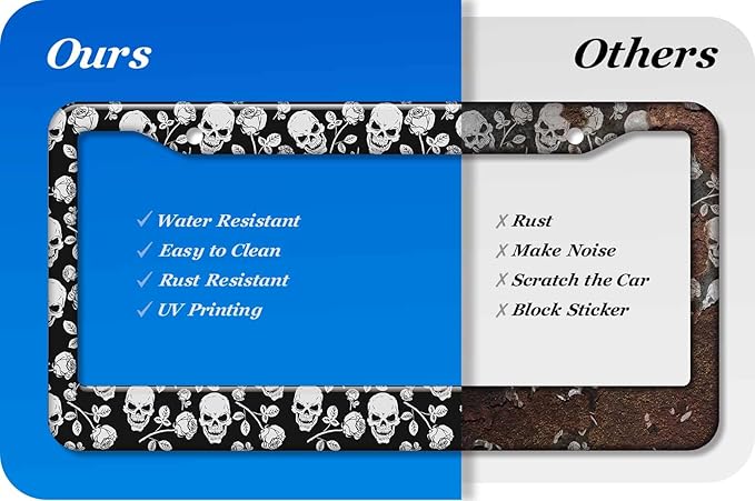 2PCS Black & White Skull Pattern License Plate Frames for Men Women - Universal Aluminum Stainless Steel Personalized Car Tag Covers Holder with Screws, Caps, Rattle Proof Pads and Handlebar Stickers