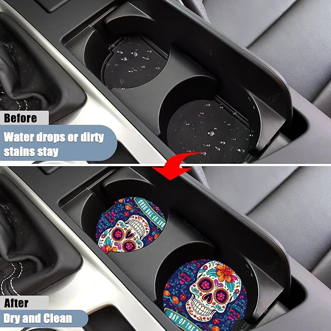 Car Cup Holder Coaster - Sugar Skull Absorbent Ceramic Coaster, Dia de Los Muertos Drink Cup Holder Coasters, Auto Interior Accessories, Drink Cup Holder Coasters for Women & Men Pack of 2
