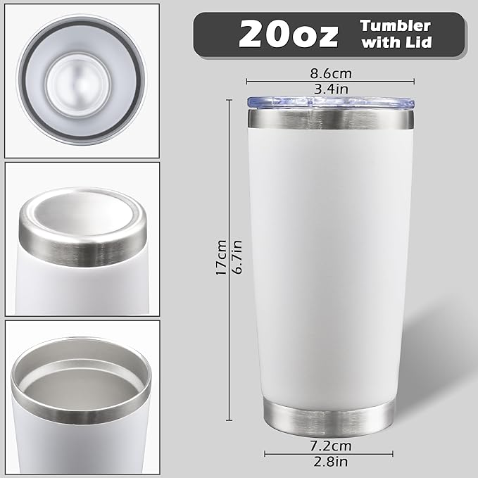 20oz Tumbler Bulk Stainless Steel Tumblers with Lid Vacuum Insulated Double Wall Travel Coffee Mug Powder Coated Tumbler Cup for Hot and Cold Drinks(White, 6 pack)
