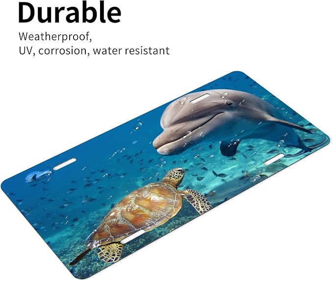Front License Plate Sea Turtles Beluga Vanity Plates Aluminum Metal Decorative Car Tag Dolphin Novelty License Plate Cover for Men Women ‎6 * 12 in (4 Holes)
