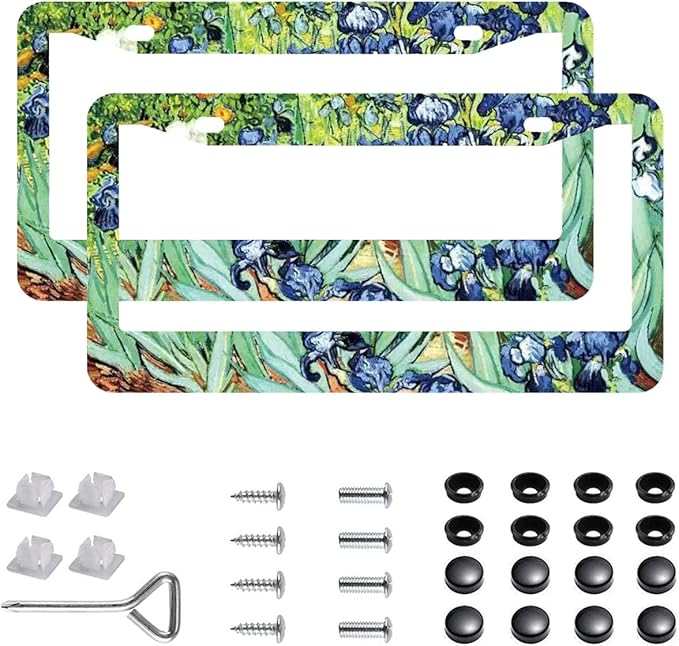 2Pcs Irises Watercolor Iris Floral License Plate Frames Cover Holders Stainless Steel License Plate Cover with Screw Caps Cover and Screwdriver Set - 2-Hole for Girl Women