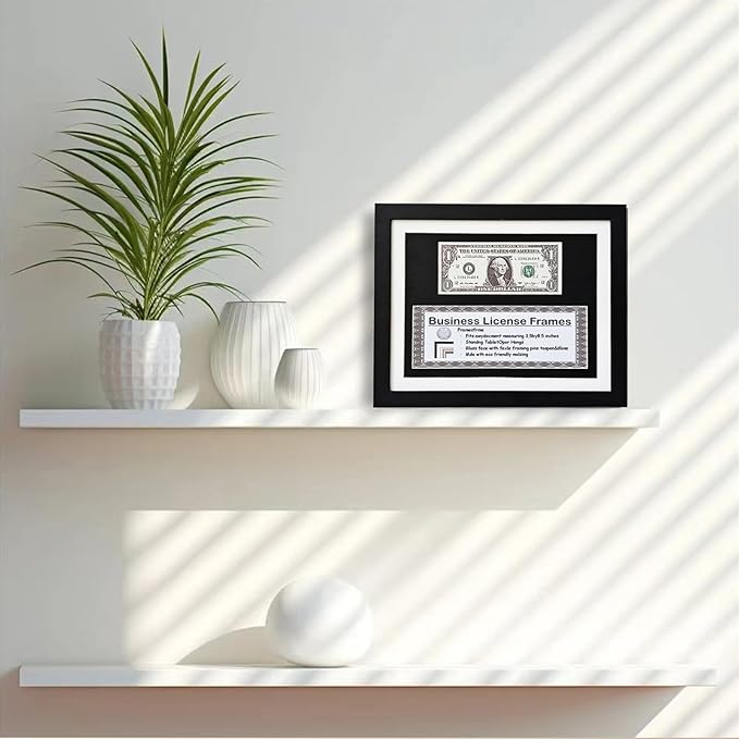 8.5x11 Business License Frame, Black Wood Grain Finish, UV Resistant, Holds 1st Dollar & 3x8.5 License, Includes Easel & Wall Hanger