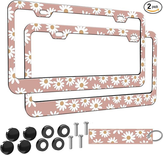 2pcs Pink Daisy Floral Aluminum License Plate Frame for Women, Daisies Flowers car Decorative tag Frames Girly, Retro Daisies License Plate Cover Holder for Vehicle with Double Sided car Keychain tag
