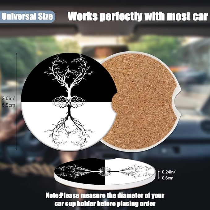 Car Cup Holder Coaster - Yin Yang Tree of Life Absorbent Ceramic Coaster 2 Pack, Car Coasters for Cup Holders, Fashion Car Interior Accessories Drink Coaster for Women & Men