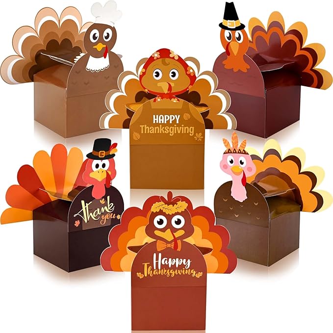 18Pcs Thanksgiving Party Favor Boxes Thankful Turkey Candy Treat Boxes, 6 Styles, Happy Thanksgiving Day Turkey Paper Gift Boxes for Fall Holidays Harvest Day Supplies