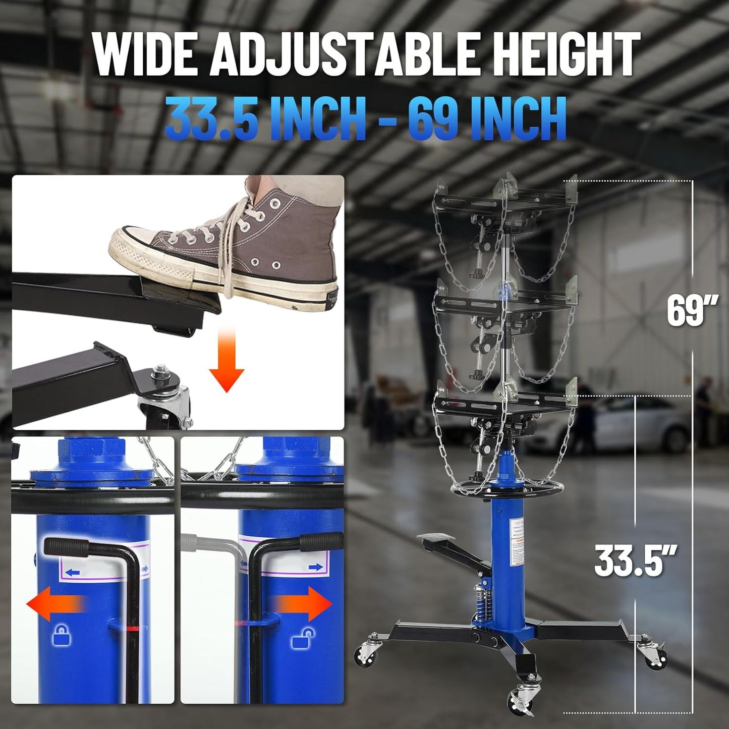 Dual Plunger Hydraulic Transmission Jack 1322lbs Capacity, 33.5"-69" High Lift 2-Stage Hydraulic Telescoping Jack, Trans Jack Stand with 8MM Non-Slip Pad, Foot Pedal & Swivel Wheel, Blue