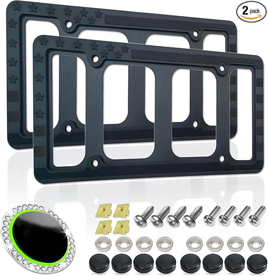 American Flag License Plate Frames- Black Silicone Patriotic Car Tag Holder with Mounting Hardware & Screws Caps，2 Pack Front Rear for Men & Women