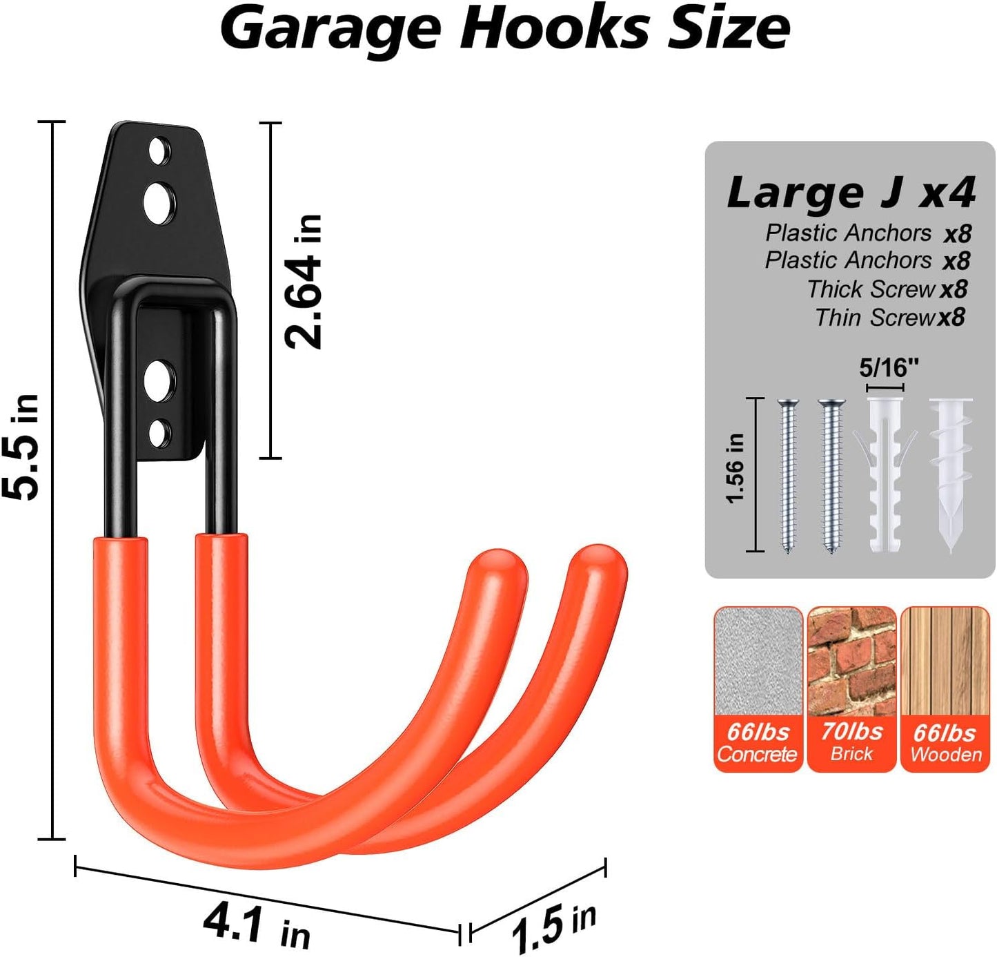 4 Pack 5.5x4.1 inch J Heavy Duty Garage Hooks,Solid Steel Wall Mount Hangers,with Anti-Slip Coating,for Hanging and Organising Ladder,Bike,Ropes,Broom,Garden,Yard and Power Tools