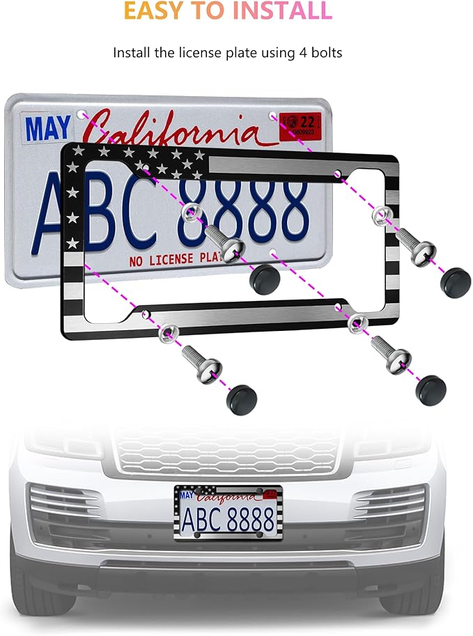 American Flag License Plate Frames - 2 Pack Black Patriotic USA Car Tag Frame in Alum-Plastic Hybrid with Brushed Finish & 3D Metal Decals