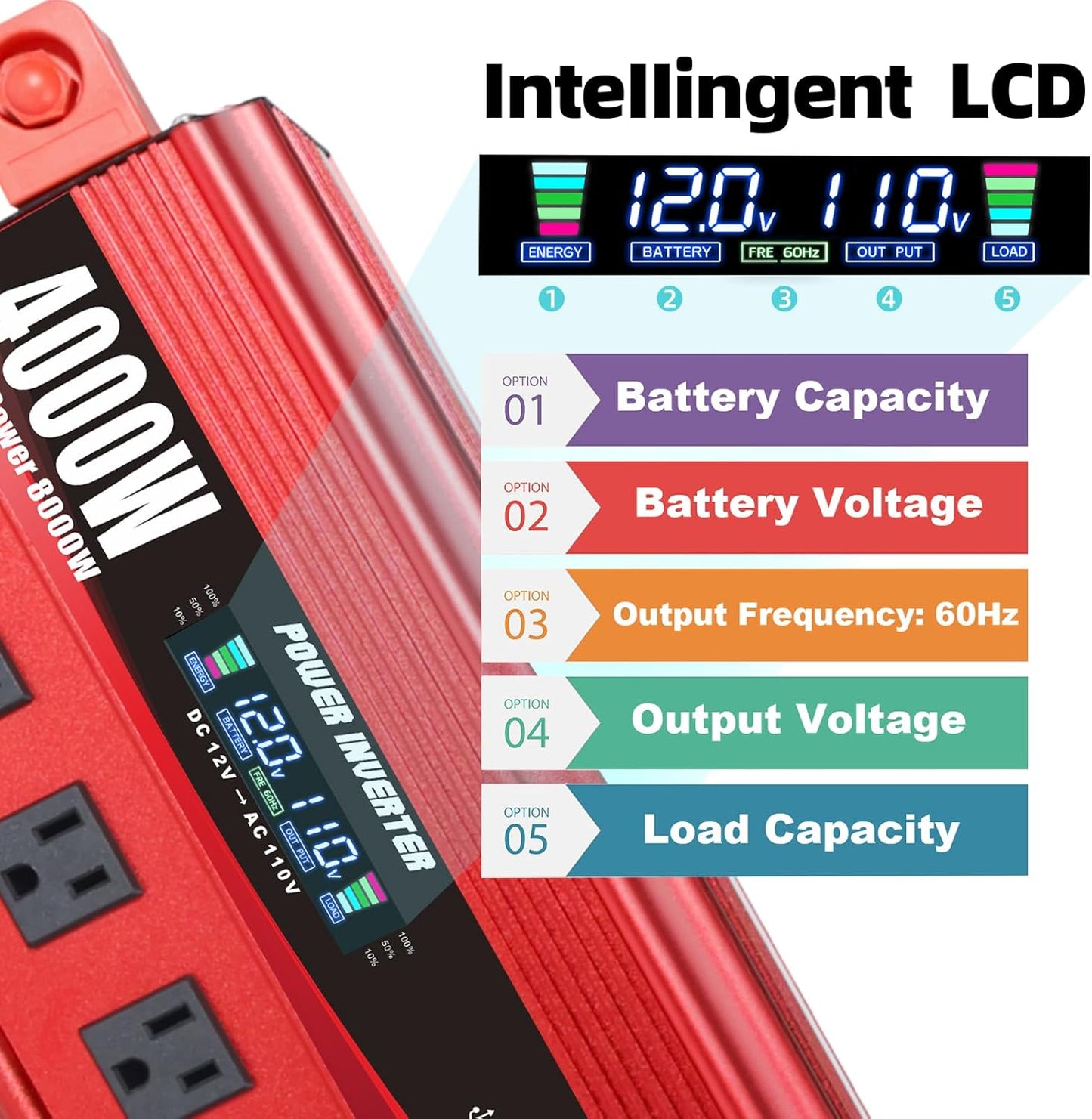 4000W Power Inverter 12V to 110V/120V DC to AC with LCD Display, Remote Controller 5 x AC Outlets and 4 x 3.1A USB Car Adapter for Car Truck Boat RV Solar System