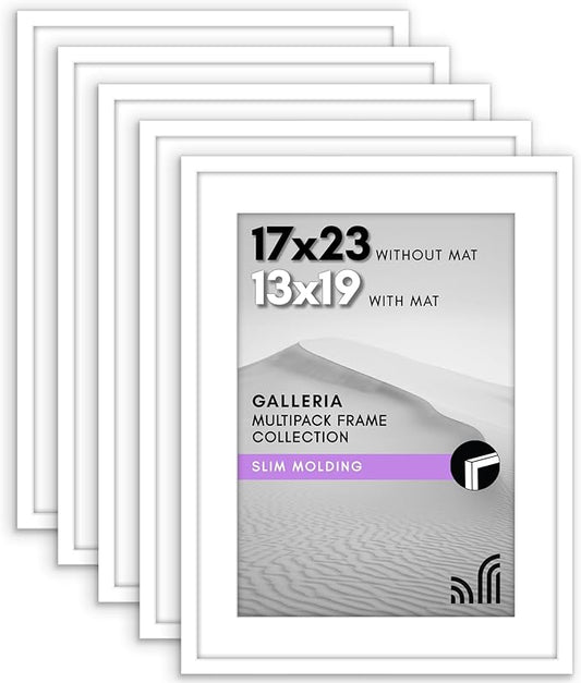 Americanflat 17x23 Picture Frame with Polished Plexiglass - Set of 5 - Use as 13x19 Frame with Mat or Display 17x23 Photo Without Mat - Galleria Collection - Picture Frames for Wall Display - White