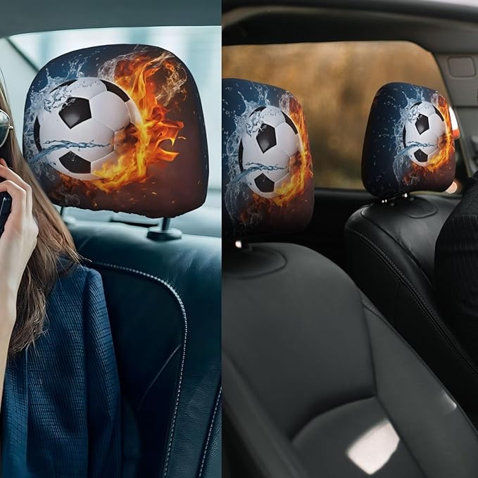 Dujiea 2 Pack Fire Water Soccer Lover Headrest Covers, Universal Soft Car Seat Head Rest Protectors, Vehicle Accessories Fabric Headrest Cover for Cars Vans Trucks