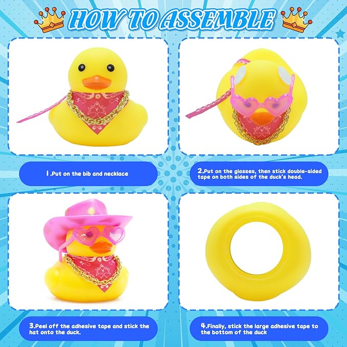 BOZILY Funny Car Accessories Rubber Duck Decor with Mini Cowboy Hat, Heart Sunglasses, Gold Necklace & Double-Sided Tapes - Pink Style Rubber Duck Ornament for Car Dashboard Decorations