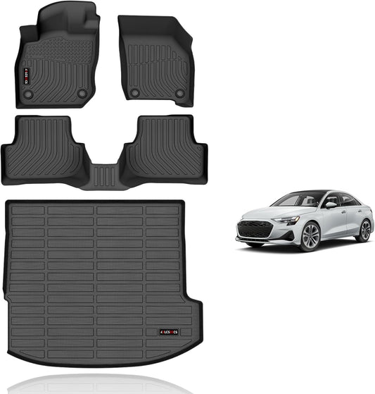KELCSEECS Floor Mats & Cargo Liner Custom for Audi A3 2022 2023 2024 Car Mats Automotive Cargo Mat TPE Floor Liners Audi A3 All Weather Trunk Mat Accessories Trunk Liner Black