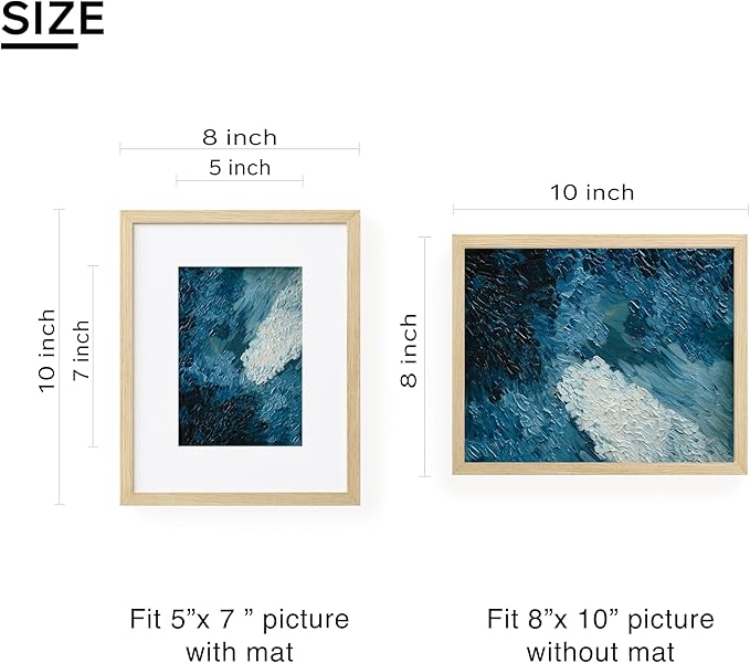 8x10 Picture Frame, 8x10 Frame Matted to 5x7, Wood Veneer Finish 8 x 10 Photo Frame with Mat Plexiglass & Stand for Tabletop & Wall Display, Natural, 1 Pack