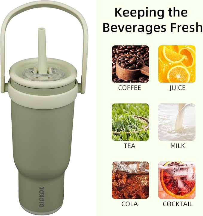 BJPKPK 40 OZ Insulated Travel Tumbler with Handle and Straw, Stainless Steel Water Bottle, Double Wall Vacuum Insulated Mug, for Work, Car, Travel, Forest Green
