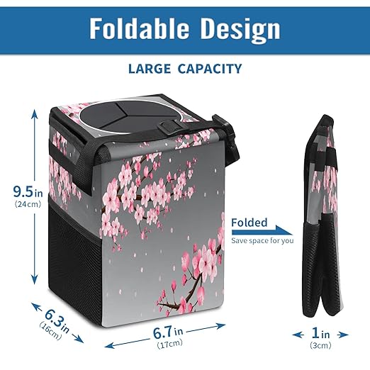 Car Trash Can Pink Cherry Blossom Wate-rproof Auto Garbage Bag Car Trash Can with Lid Leak-Proof Car Storage Bag Hanging for Headrest Collapsible and Portable with Storage Mesh Pocket
