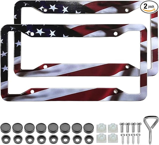 American Flag License Plate Frame Holder - 2 Pack Universal Aluminum Matte Stripe US Flag Gloss Patriotic Car Plate Frame Covers with Free Screws Fasteners Caps