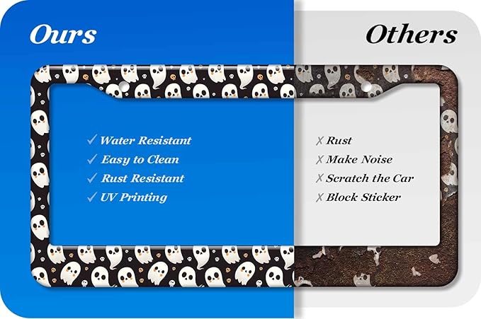 2PCS Halloween Cute Ghost Pattern License Plate Frames for Men Women - Universal Aluminum Stainless Steel Personalized Car Tag Covers Holder with Screws, Caps, Rattle Proof Pads and Handlebar Stickers