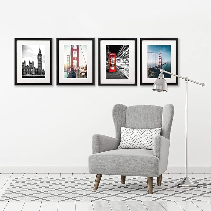 Americanflat 11x14 Picture Frame with Shatter-Resistant Glass - Set of 4 - Use as 8x10 Frame with Mat or Display 11x14 Photo Without Mat - Signature Collection - Picture Frames for Wall - Black
