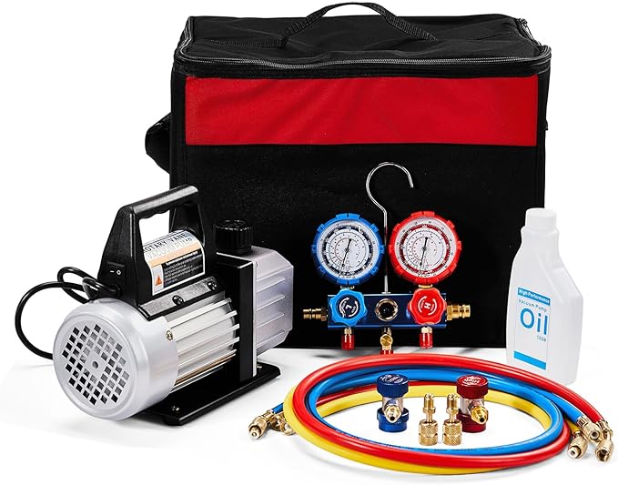 SUNROAD HVAC Air Vacuum Pump Set, 3 CFM 1/4HP A/C Refrigeration AC Manifold Gauge Kit for R410A R134a R12 R22 R502 Auto Air Conditioning Refrigeration Recharging