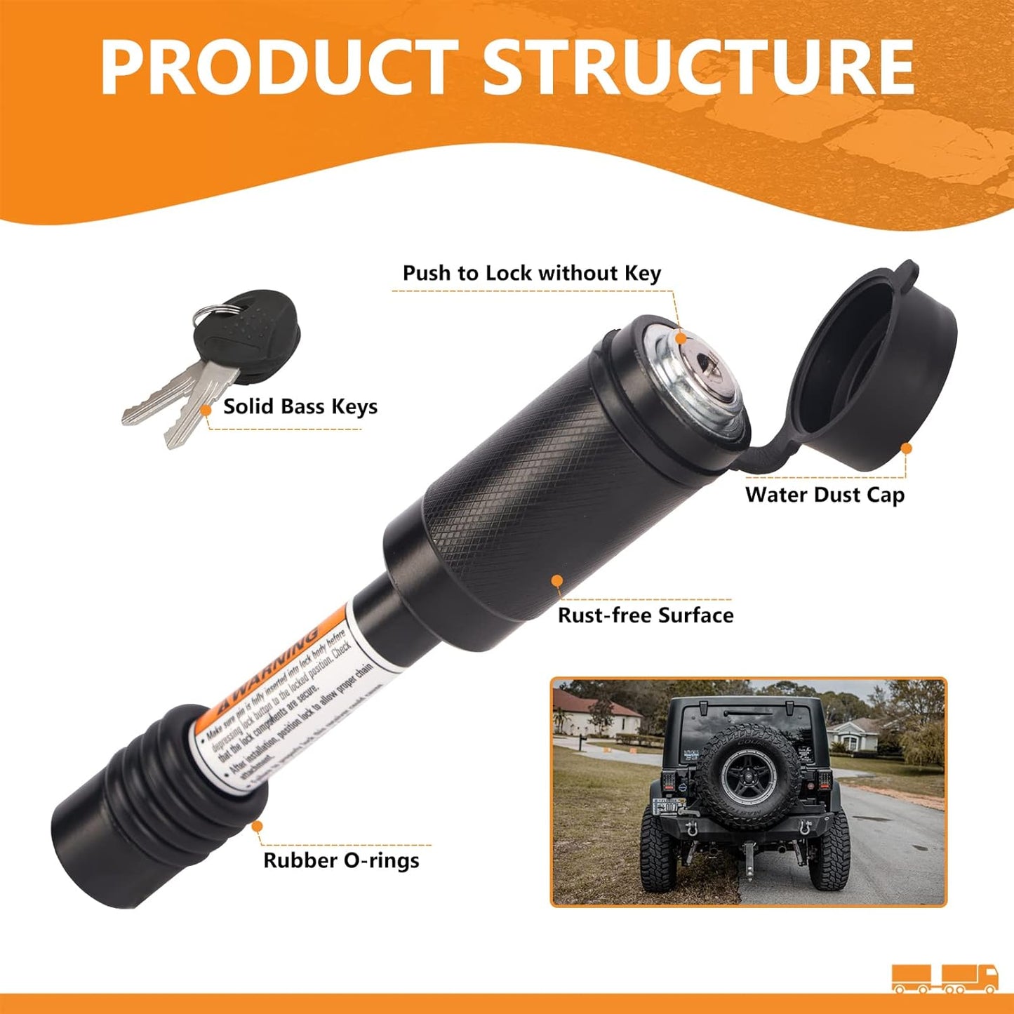 Trailer Hitch Locks, Hitch Lock with 5/8'' Pin Fits Class III IV 2" Hitch Receivers, Tow Hitch Lock with Anti-Rattle O-Rings for Trailer Truck Car Boat (1 Pack)