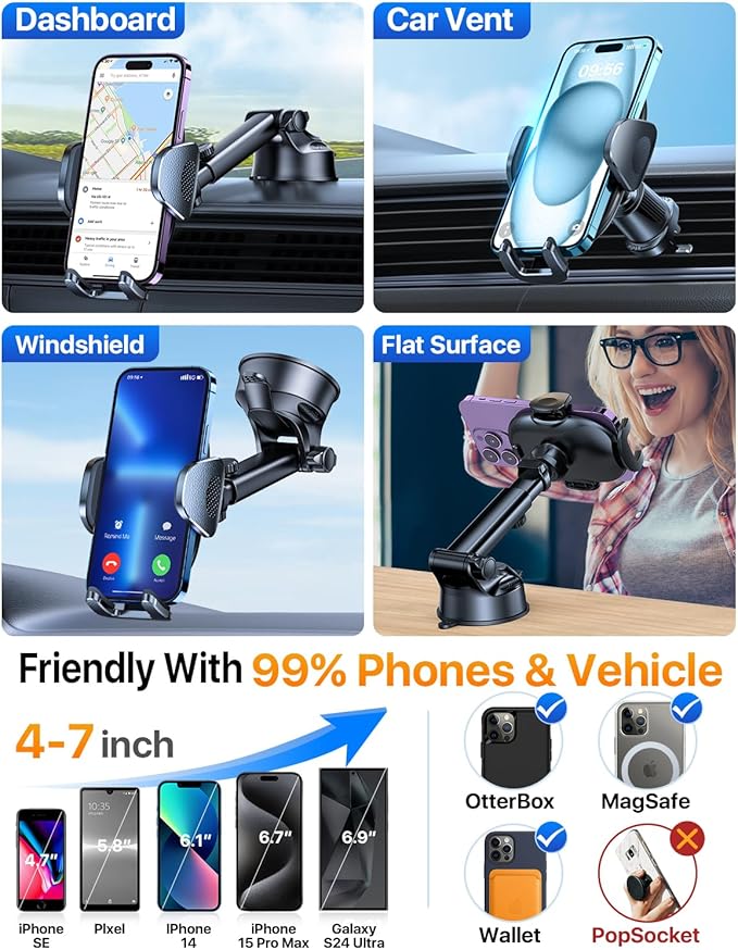 YRU [2025 Upgraded Universal Car Phone Holder Mount【360° Rotatable &Strong Suction】 Cell Phone Holder for Car Dashboard Windshield Phone Holder Dash Stand for iPhone 16 15 13 Samsung Truck, Silver
