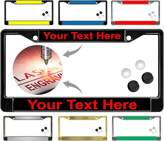 Custom Personalized Black Powder-Coated Metal Laser Engraved Standard Size - Car/Automobile License Plate Frame with Free caps - Black/Red Text (Qty: 1 Frame)