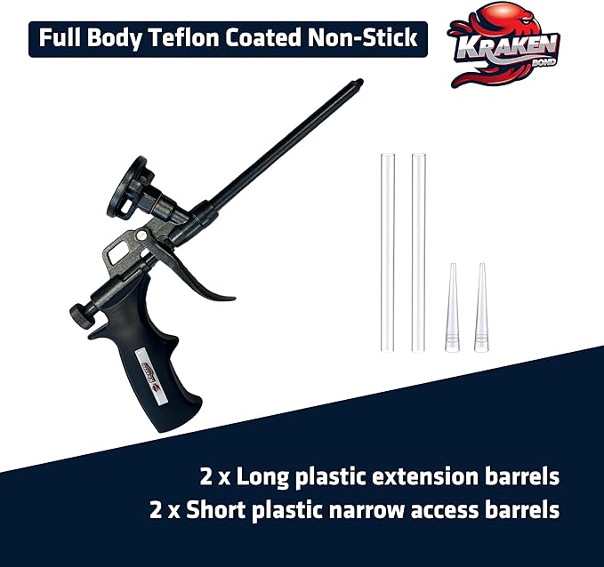 Kraken Bond PRO Foam Gun - 8 Inch Durable Spray Foam Dispensing Gun for Contractors & DIYers, PTFE Non-Stick Coating, Precision Nozzles Included, Versatile Spray Application for Insulation - 1 Pack