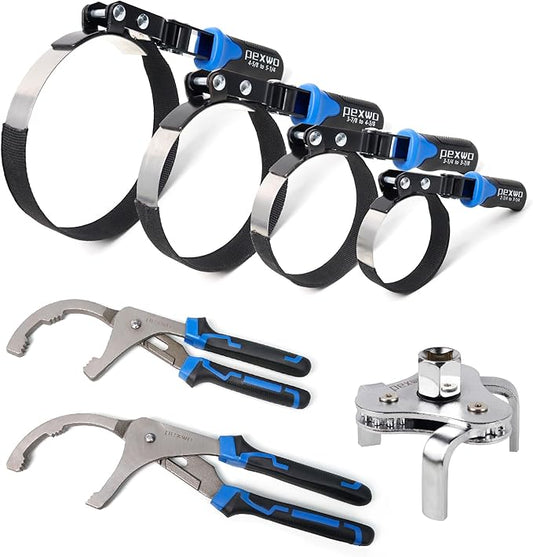 8PC Oil Filter Wrench Set - Swivel Wrenches (2-3/4" to 5-1/4") + Adjustable Pliers (9" & 12") + 3-Jaw Removal Tool w/ 1/2" & 3/8" Adapter - Universal Oil Filter Removal Kit