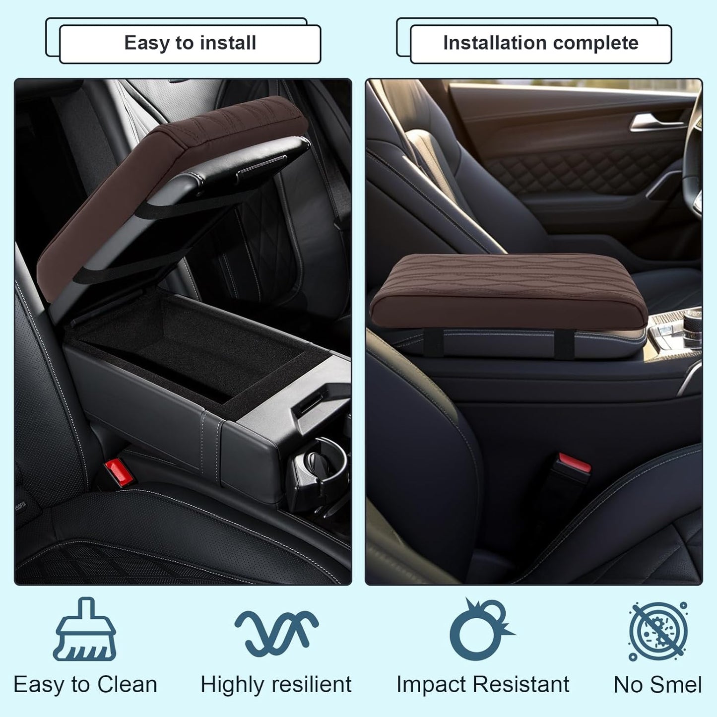 Memory Foam Car Armrest Cushion - Premium Leather Armrest Cover for Car, Comfortable Protection, Universal Fit Center Console Cover for Car, SUV, Sedan, Easy Installation (Brown)