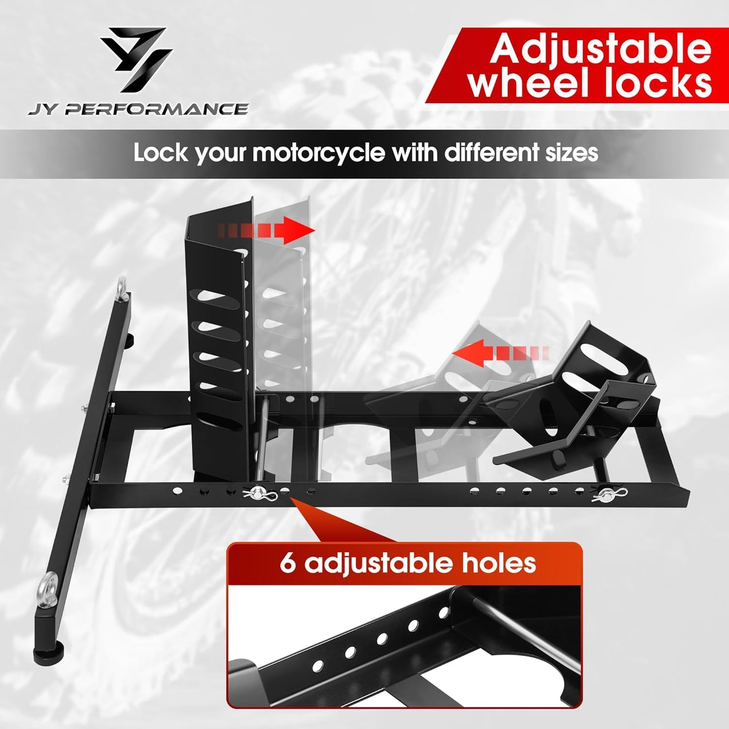 JY PERFORMANCE Motorcycle Wheel Chock, Universal Heavy Duty Front Wheel Stand for Trailer, Cruiser, Sports & Dirt Bikes, 1800 lb Capacity Adjustable Wheel Stand for 15"-22" Wheels