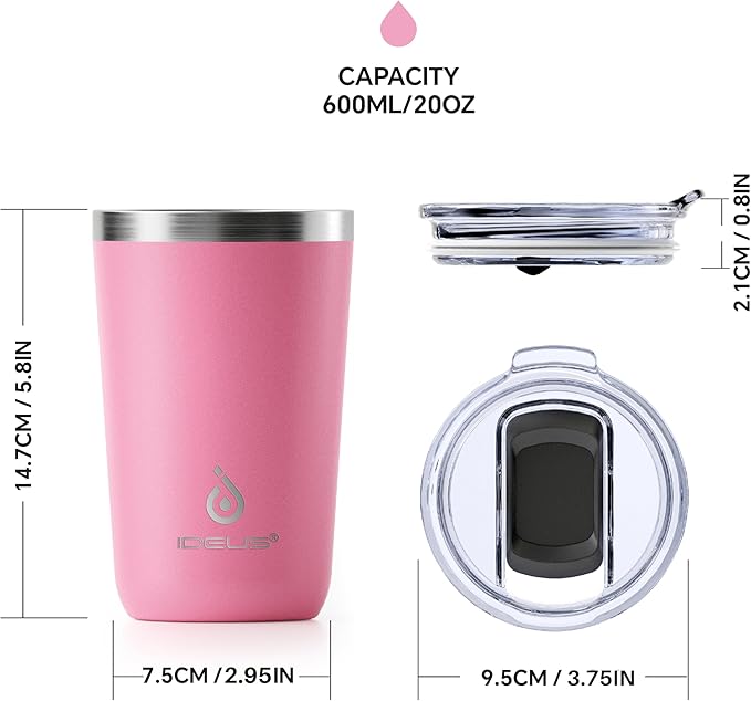Ideus 20 oz Tumbler, Travel Coffee Mug with Splash Proof Sliding Lid, Double Wall Stainless Steel Vacuum Insulated Coffee Mug for Home and Office, Keep Beverages Hot or Cold, Pink