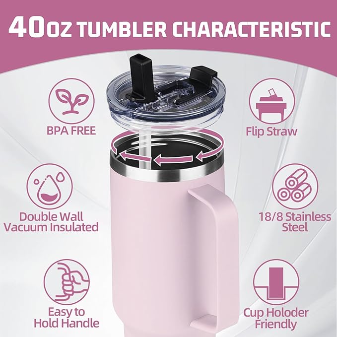 40 oz Tumbler with Handle and Flip Straw, 100% Leakproof Insulated Tumbler with Lid and Straw, Stainless Steel Travel Coffee Mug, Insulated Coffee Thermal Cup for Cold and Hot (Light Purple)