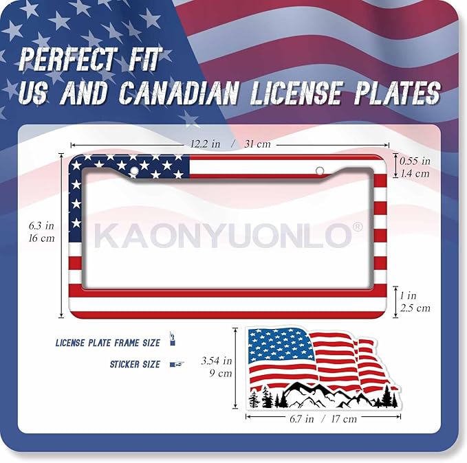 1PCS American Flag License Plate Frame Holder - USA Stars and Stripes Auto Universal Aluminum Matte Car Tag Holder Covers with Sticker & Screws for Men
