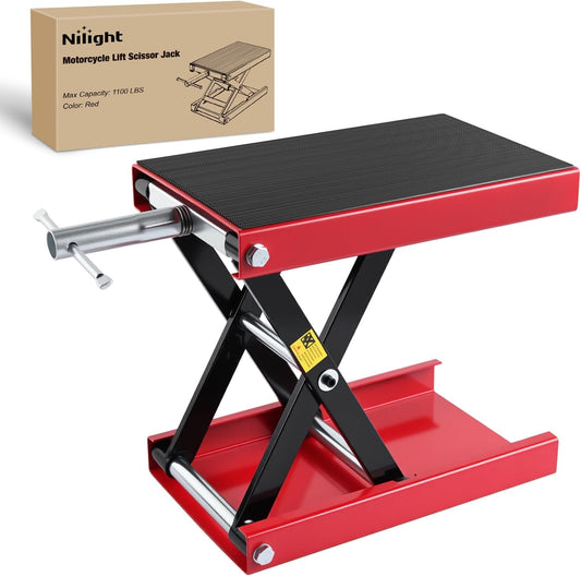 Nilight Motorcycle Lift Jack 1100 LBS Scissor Jack Stand Lift from 3.4" to 14.2" with Wide Deck Crank Handle Steel Scissor Hoist Garage Repair Lifter Table Jacks for Motorcycles ATV Dirt Bike, Red