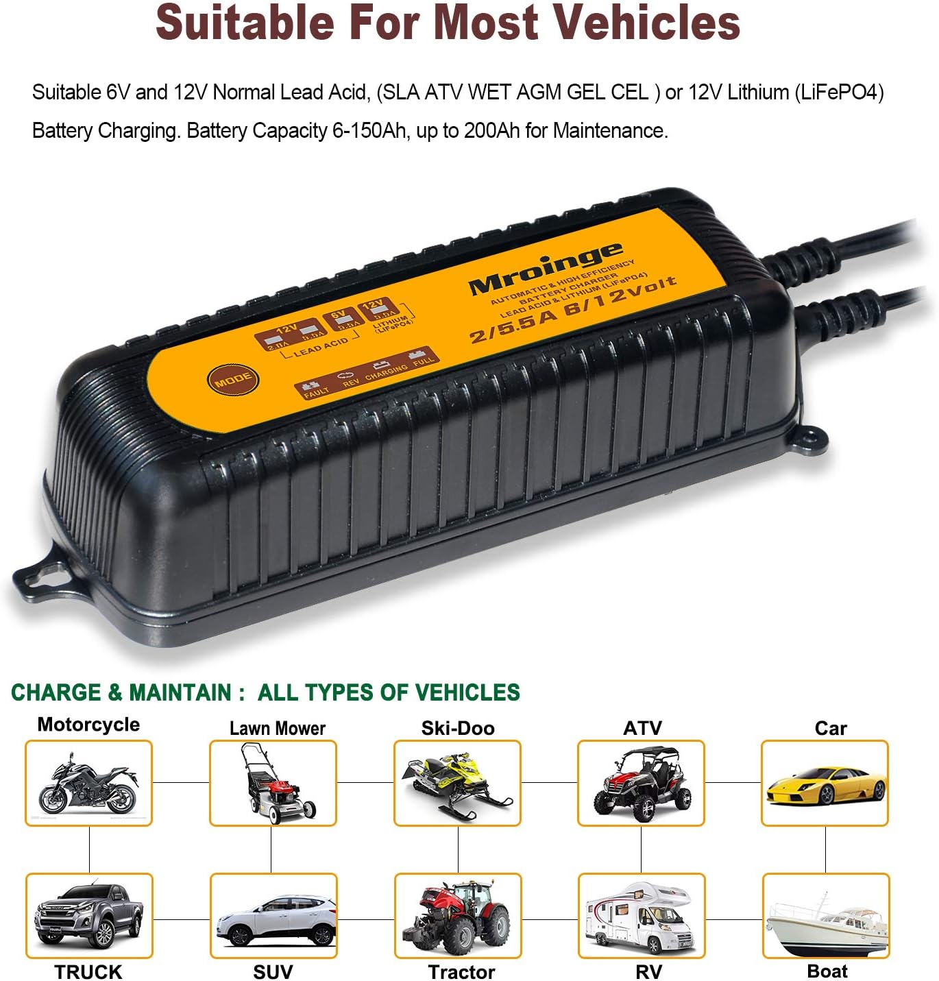 MBC055, 6V/12V 5.5A Smart Vehicle Battery Charger Maintainer for Cars Motorcycles RVs TVs Boat for Normal Lead Acid Gel AGM Sealed Wet or 12V-Lithium(LiFePO4) Batteries, with IP65 Waterproof