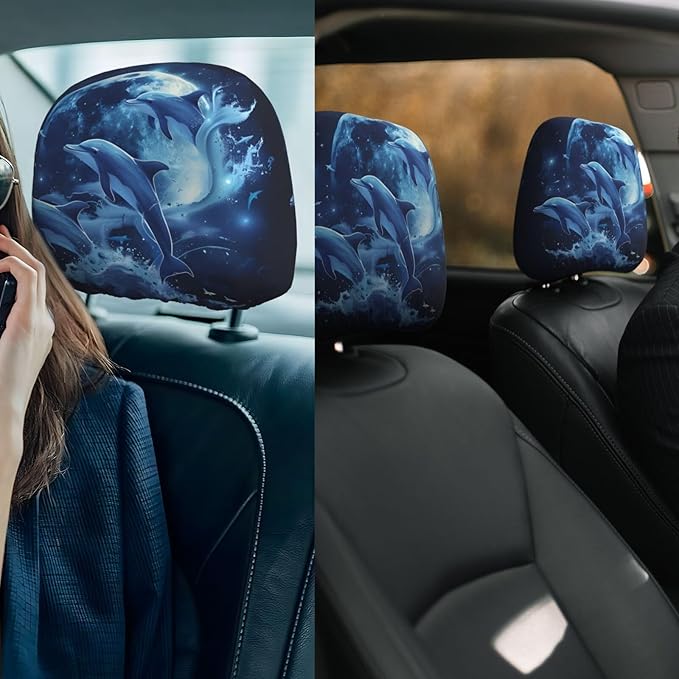 Dujiea 2 Pack Dolphin Moon Car Headrest Covers, Universal Soft Car Seat Head Rest Protector, Vehicle Accessories Fabric Headrest Cover for Cars Vans Trucks