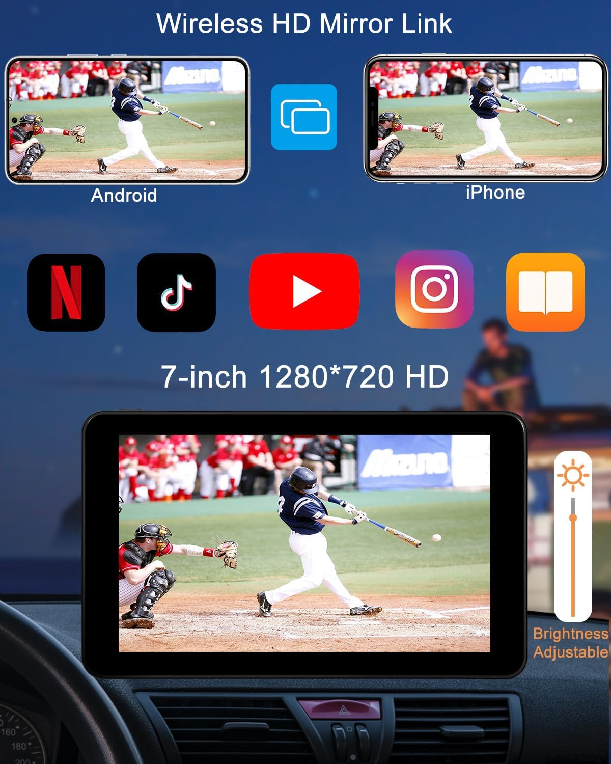 Compatible Wireless Apple CarPlay Android Auto Car Screen, 7 Inch HD Bluetooth Screen Protable Car Stereo Naivgation Music Video Player Mirrorring, Siri, AirPlay, AUX, Voice Assistant