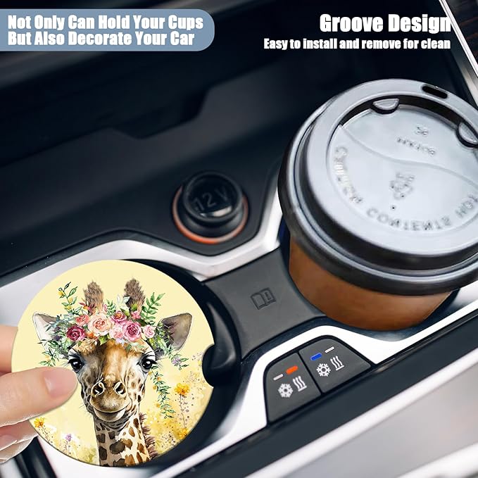 Car Cup Holder Coaster - Cute Giraffe Flower Absorbent Ceramic Coaster 2 Pack, Car Coasters for Cup Holders, Fashion Car Interior Accessories Drink Coaster for Women & Men
