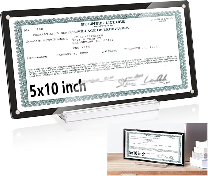 5x10 Business License Display Frame Magnetic Acrylic Business License Certificate Frame with Base White Card Paper for Desk House Office Hotel (Black)