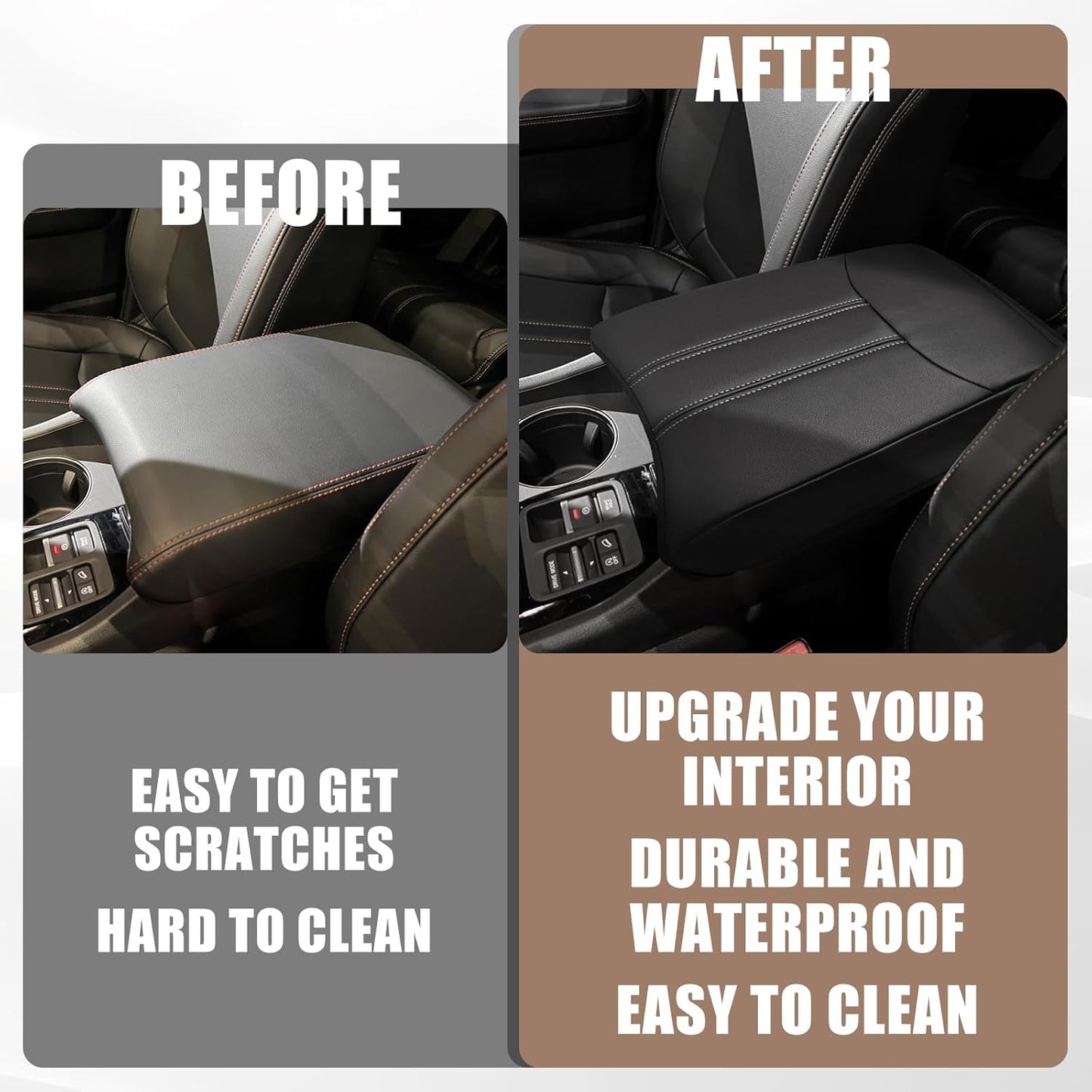 Muslogy Center Console Cover Compatible with Honda Pilot 2023 2024 2025, 2024-2026 Ridgeline/Passport Accessories Armrest Pad Lid Cushion Console Protector Vegan Leather Extra Soft(Black/White Trim)