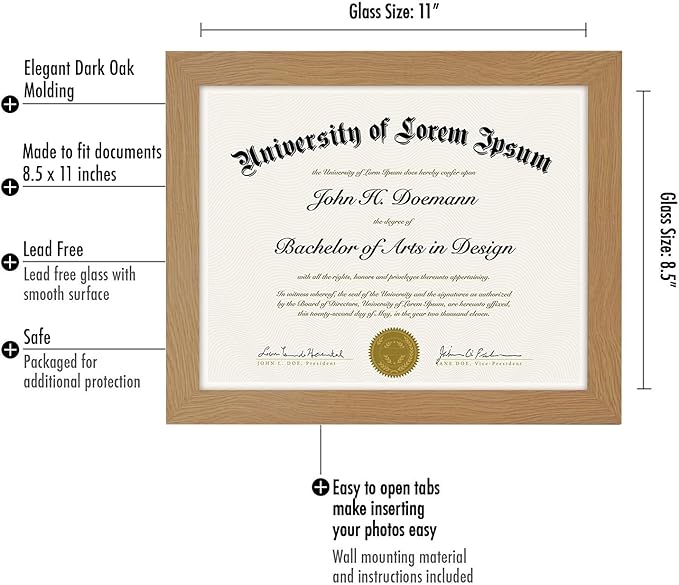 Americanflat 8.5x11 Diploma Frame with Shatter-Resistant Glass - Document Frames with Engineered Wood - Legacy Collection - Certificate Frame for Tabletop and Wall Display - Dark Oak