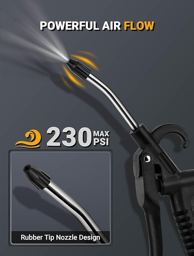 High Flow Air Blow Gun with Rubber Guard, Air Nozzle Blower Gun Angle Bent Jet Nozzle & 1/4" Standard Quick Plug, Air Gun for Air Compressor Accessories Pneumatic for Dust Removal Cleaning Tool