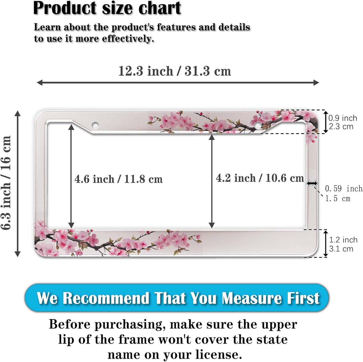 License Plate Frames for Men Powder License Plate Frame for Women Beautiful Cherry Blossom Aluminum Metal Car Accessory 2 Pack with Screw Covers Set
