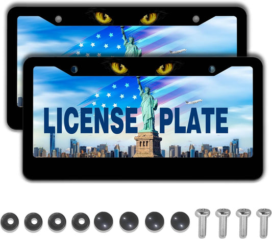 Car Plate Frame Black License Plate Frames Black Cat with Yellow Eyes Lover Universal Aluminum Car Accessory 2 Pack with Screw Covers Set