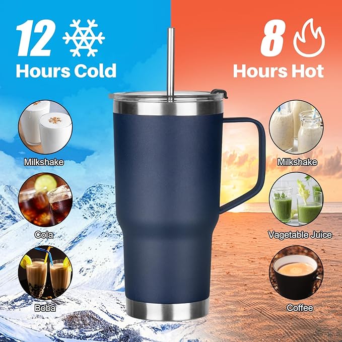 20 oz Tumbler with Handle, Stainless Steel Insulated Tumbler with Lid and Straw, Double Wall Vacuum Insulated Coffee Mug Tumbler, Insulated Coffee Thermal Cup for Cold and Hot (Navy Blue)